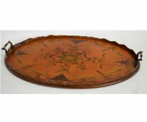 Sheraton satinwood oval tea tray with decorative stained foliage inlay to top with gallery