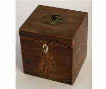 Small Georgian mahogany tea caddy with inlaid shell detail and brass ringlet top handle and mother