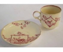 Late Victorian Staffordshire china breakfast cup and saucer, printed in puce with Highland deer, cup