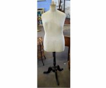 Vintage hessian lined free-standing mannequin on a black painted tripod base with replacement
