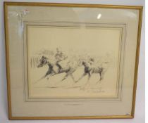 In the manner of Sir Alfred Munnings, pencil drawing, Racing scene, 33 x 40cms 150-200