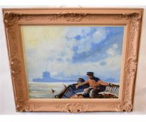 Clifford John, signed oil on board, Fishermen in a boat with distant shipping, 42 x 52cms 60-80