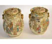 Pair of decorative Satsuma lidded vases with gilded ringlet side handles, decorated with