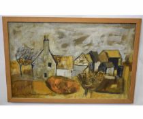 Gwilym Pritchard, signed oil on paper, Landscape with buildings, 37 x 57cms 200-300