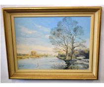 Arthur A Pank, signed oil on board, River landscape at Winter, 29 x 39cms