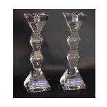 Pair of Licht crystal square clear cut knopped candlesticks, each 25cms tall