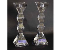 Pair of Licht crystal square clear cut knopped candlesticks, each 25cms tall