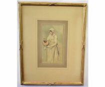 James Ward, signed watercolour, Lady with water pitcher, 20 x 10cms 500-600