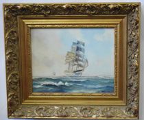 Arthur A Pank, signed oil on board, Ship at Sea, 22 x 27cms