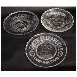 Three clear glass pressed commemorative plates of the Coronation of King George VI, Silver Jubilee