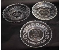 Three clear glass pressed commemorative plates of the Coronation of King George VI, Silver Jubilee