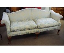 Queen Anne style walnut hump back three-seater sofa with scroll arms with blue and cream acanthus