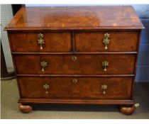 18th century style oyster veneered chest of two over two drawers with droplet handles, raised on bun