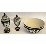 Two 20th century Wedgwood black and white basalt vases decorated with classical figures, stripes and