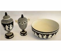 Two 20th century Wedgwood black and white basalt vases decorated with classical figures, stripes and