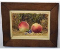 John Jessop Hardwick, signed watercolour, Still Life study of berries and two peaches on a mossy
