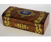 19th century French walnut and brass mounted sewing box with inset porcelain panel of flowers with