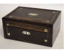 19th century rosewood effect and mother of pearl inlaid sewing box with void interior, 30cms wide