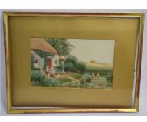 Robert Hollands Walker, signed watercolour, Mother and children before a cottage, 20 x 32cms 50-80