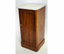 Victorian mahogany single door pot cupboard with turned handle and marble top, 38cms wide x 36cms