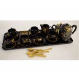Good quality Japanese lacquered black and gold coffee set comprising coffee pot, two-handled sugar