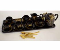 Good quality Japanese lacquered black and gold coffee set comprising coffee pot, two-handled sugar