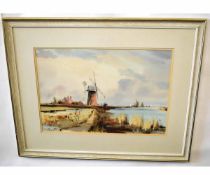 Leslie L H Moore, signed pen, ink and watercolour, Norfolk landscape with mill, 37 x 55cms 80-120