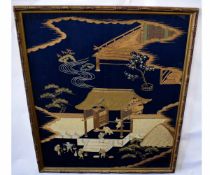 Good quality Oriental silk work with gold thread with figural detail and Pagoda rooftops in a bamboo