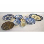 Group of Victorian Staffordshire blue and white wares including meat plates, wall plate, dinner