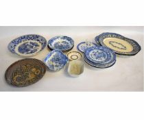 Group of Victorian Staffordshire blue and white wares including meat plates, wall plate, dinner