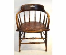 Mid-20th century oak framed bow back office chair with brown rexine upholstered seat with spindle