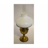 Victorian brass oil lamp with shaped opaline shade, 50cms tall