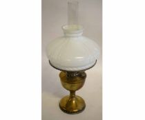 Victorian brass oil lamp with shaped opaline shade, 50cms tall