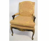 Louis XV black and gold painted open armchair with gold upholstered seat and back, raised on