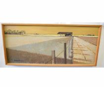 Richard Parsons, signed oil on board, "Barn and Rape field", 40 x 95cms 50-60