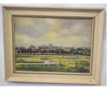 Max Meuller, signed oil on board, "Castle Acre from water meadows", 25 x 32cms