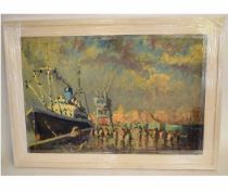 H Edward Collins, oil on board, Great Yarmouth Docks, signed lower right, 75cms x 50cms