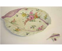 Large Worcester leaf dish decorated with European flowers (a/f), 32cms long