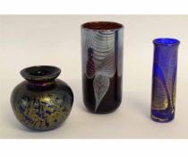 Group of three Loetz style glass vases with silvered decoration, largest 15cms, base incised "ASC
