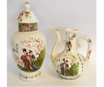 Chinese pottery vase and cover and ewer decorated with Chinese figures, the vase 50cms