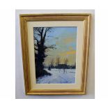 Ian Houston, signed oil on board, "Walking the Dog after Snow - Barnes Green", 35 x 24cms