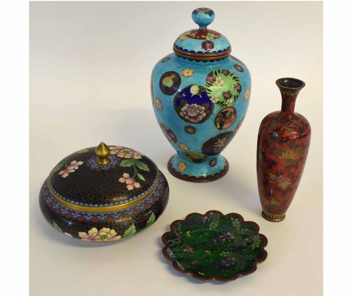 Mixed lot of cloisonne wares including 2 vases, a box and cover and small dish, the largest 25cms