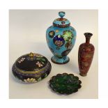 Mixed lot of cloisonne wares including 2 vases, a box and cover and small dish, the largest 25cms