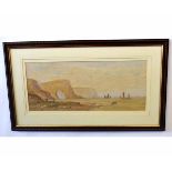 Lennard Lewis, signed and dated 02, watercolour, Coastal scene with figures and boats, 23 x 54cms