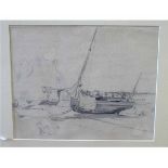 John Burgess, pencil drawing, Coastal scene with fishing boats, 22 x 28cms, mounted but unframed