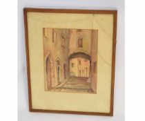 Indistinctly signed and dated watercolour of a Bucharest street scene, 20cms wide x 27cms deep