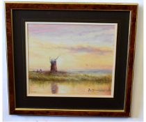 James J Allen, signed oil on board, "Sunrise at Howard's Mill, Halvergate Marsh, Norfolk", 24 x