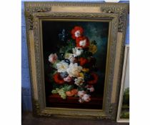 Indistinctly signed modern oil, Still Life study of mixed flowers and fruit on a marble ledge, 90