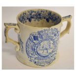 Mid-19th century Staffordshire Tyg with a blue and white print "God speed the Plough", 12cms high