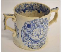 Mid-19th century Staffordshire Tyg with a blue and white print "God speed the Plough", 12cms high